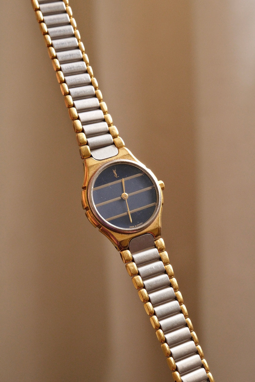 Vintage Ladies 1990s YSL Quartz Two Tone Watch - Blue Striped Dial