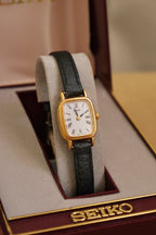 Vintage Ladies Gold Tank Seiko Watch with Leather Strap in Box