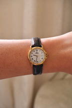 Ladies Raymond Weil Vintage Genève 9955 18k Gold Plated Quartz Watch With Authentic  Blue Cabochon Sapphire Crown with Box and Papers