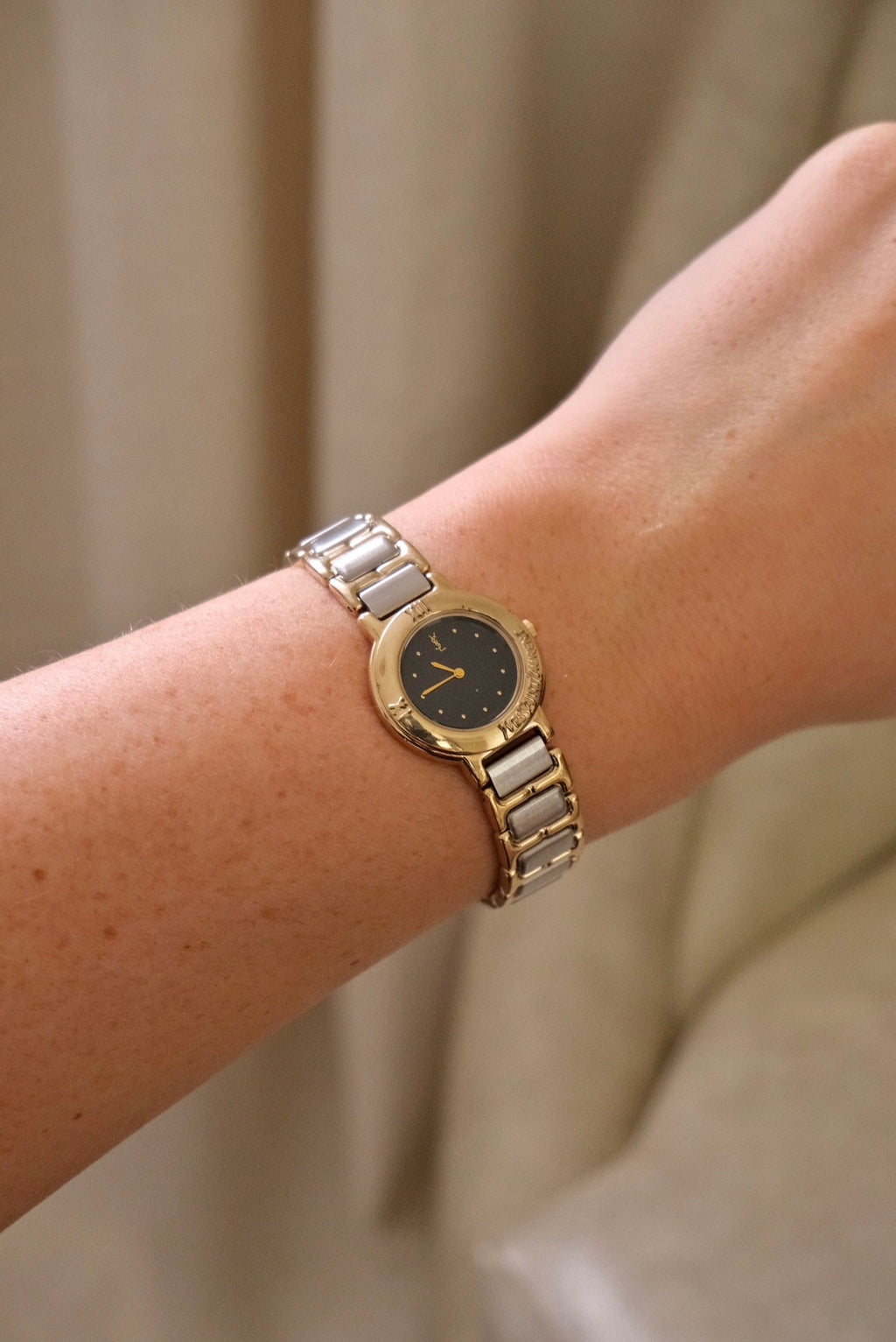 Vintage YSL Ladies Dual Tone Black Dial Watch Working