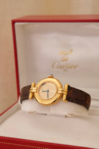 Vintage Ladies 1993 Cartier Must de Cartier Vermeil Watch Gold Plated Ladies Watch, Brown Leather Strap, Luxury Timepiece Box & Papers