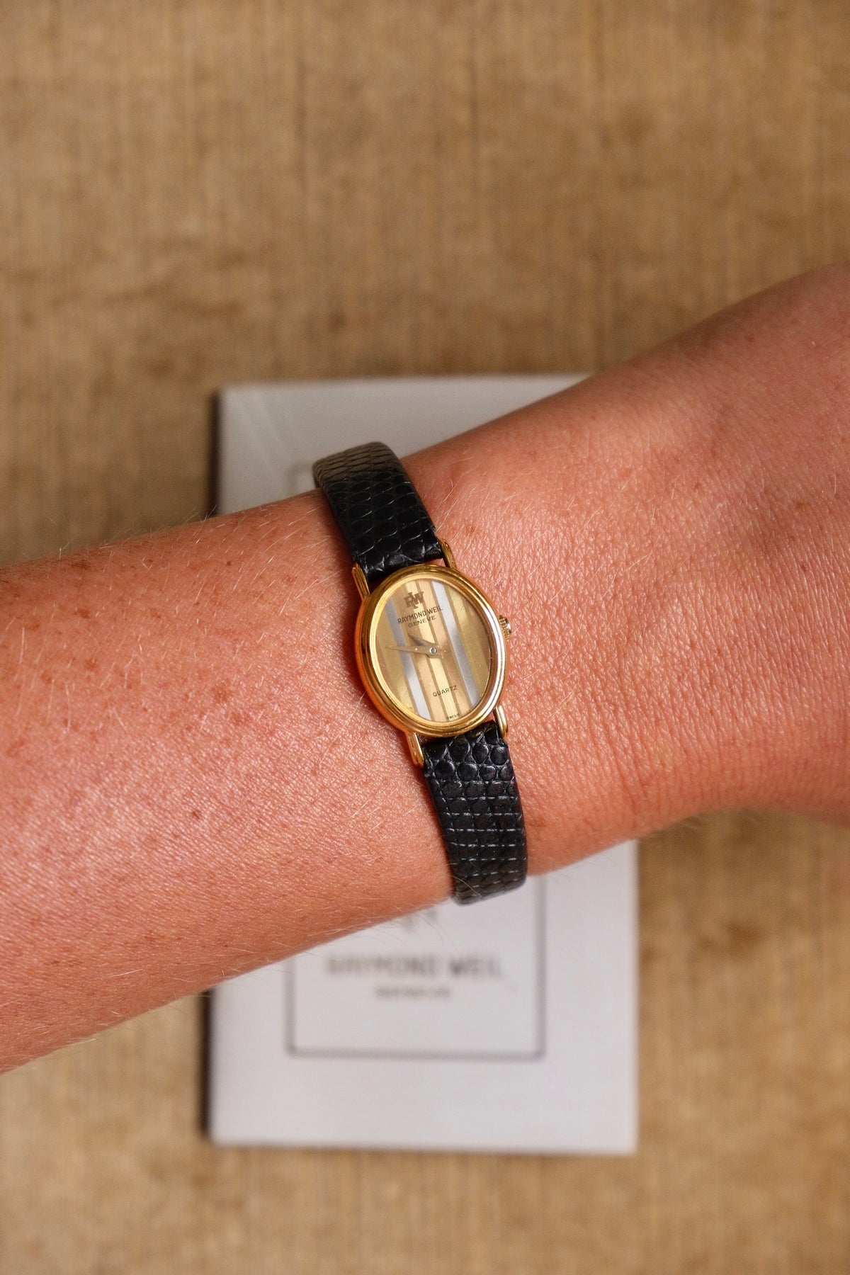 Rare Petite Vintage Ladies Raymond Weil Genève Tri Gold Watch 1987 Swiss Quartz Ladies Black Leather Strap with Papers