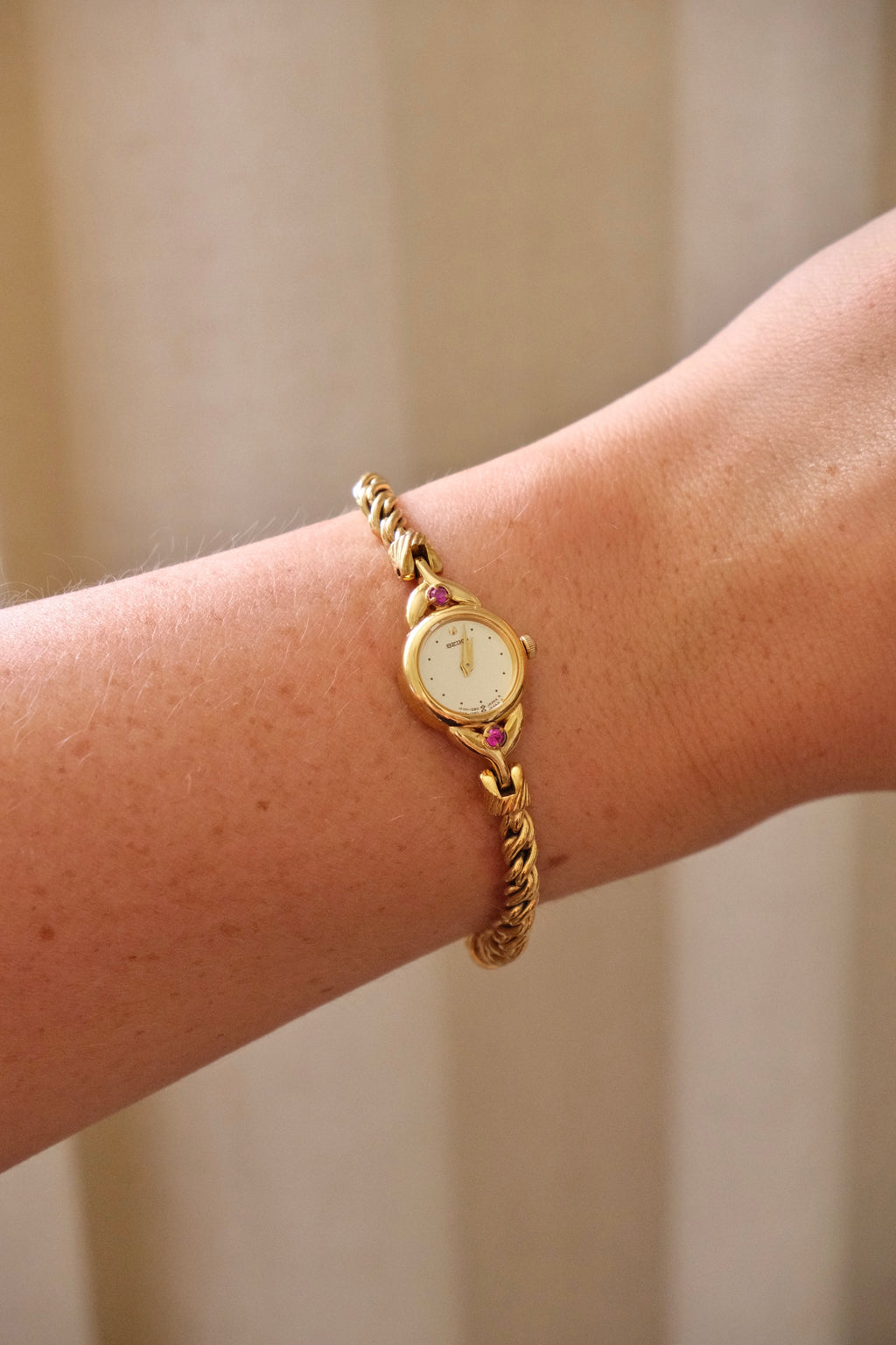 Vintage Seiko Gold Plated Quartz Watch - Rubies, Twisted Chain Bracelet