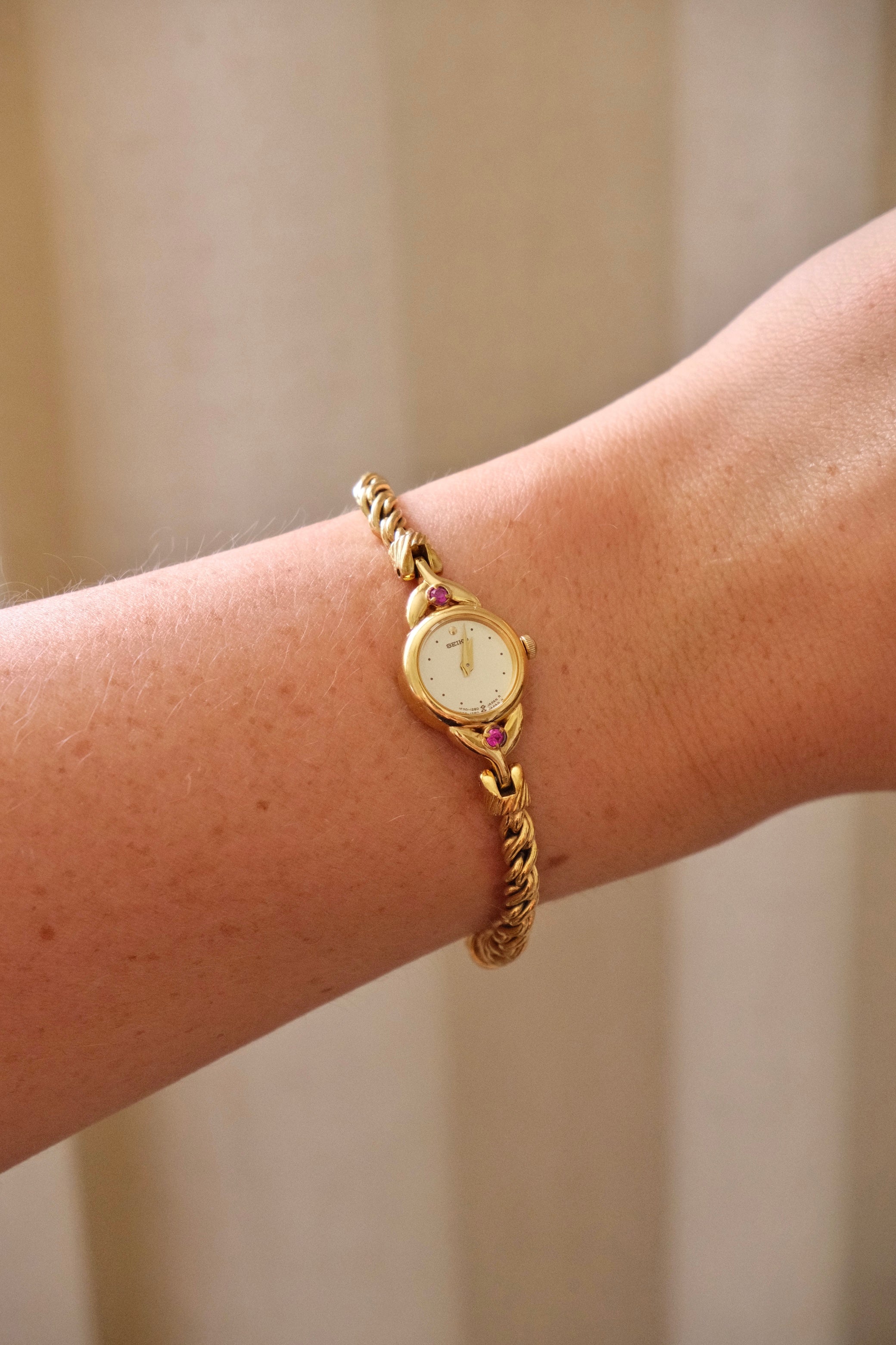 Vintage Seiko Gold Plated Quartz Watch - Rubies, Twisted Chain Bracelet