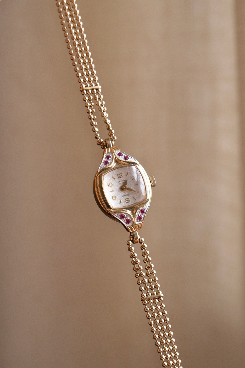Rare and Unique 1980s Citizen Ladies Pendant Watch Ruby Accent Gold Beaded Chain