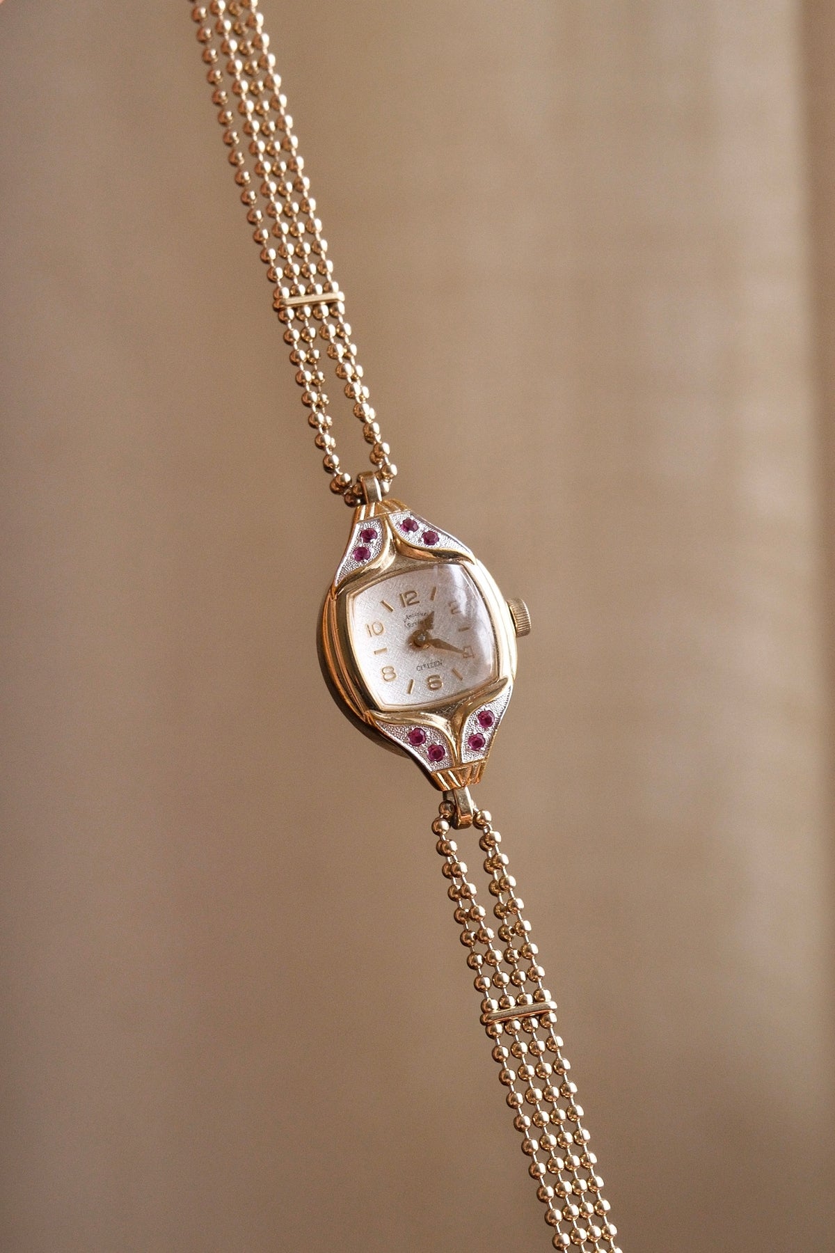 Rare and Unique 1980s Citizen Ladies Pendant Watch Ruby Accent Gold Beaded Chain