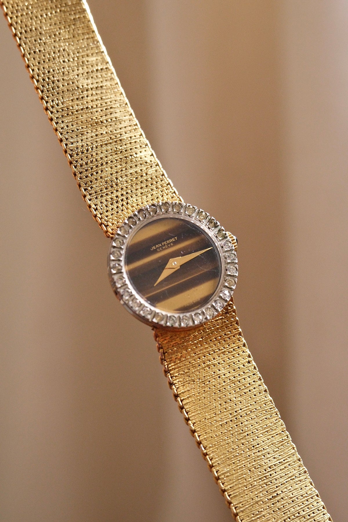 Vintage 1970s Jean Perret Genève Ladies Watch Tiger’s Eye Dial & Diamond Accent Bezel Swiss Gold Mesh Cocktail Watch