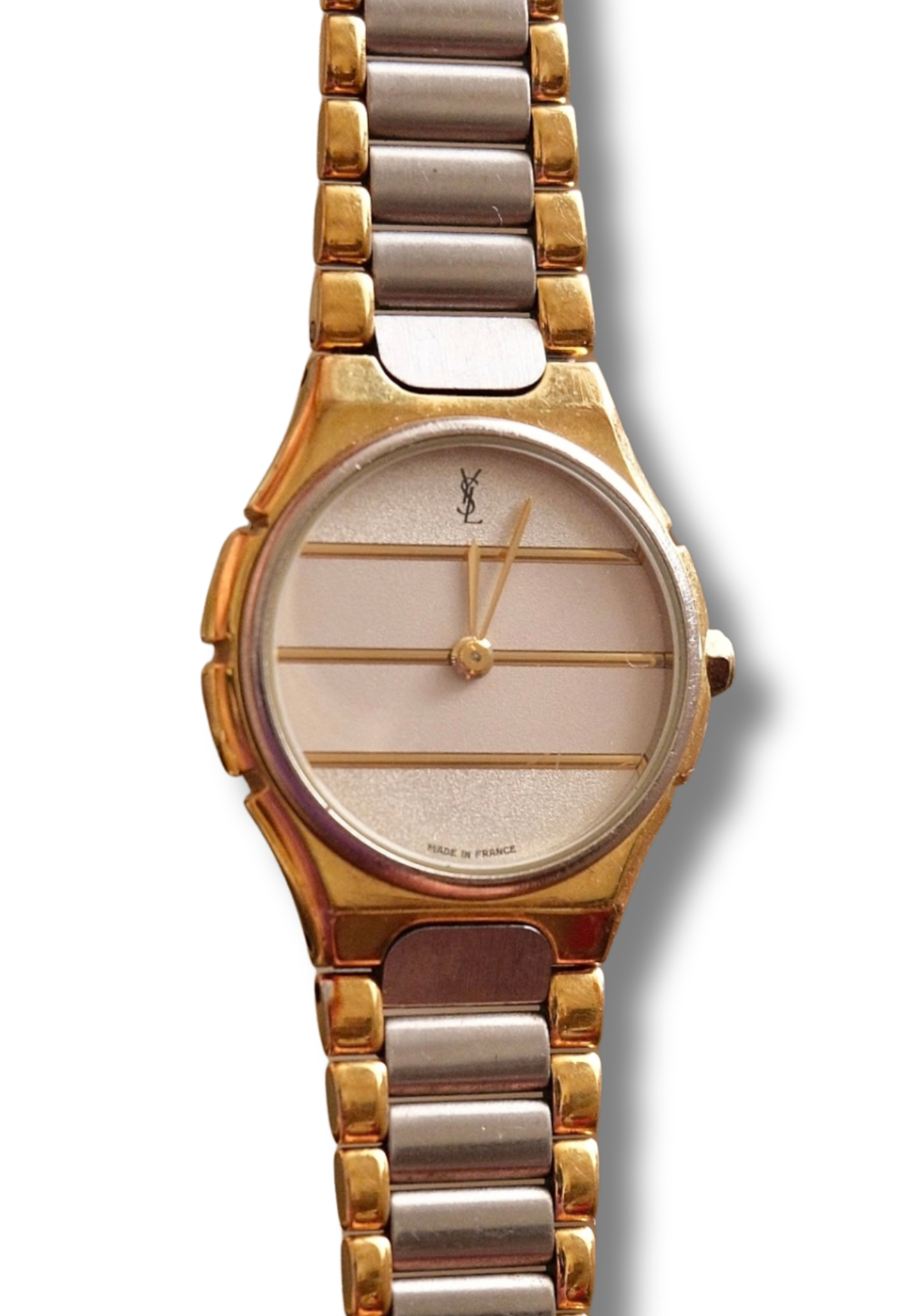 Vintage Ladies 1990s YSL Quartz Two Tone Watch - White & Silver Striped Dial