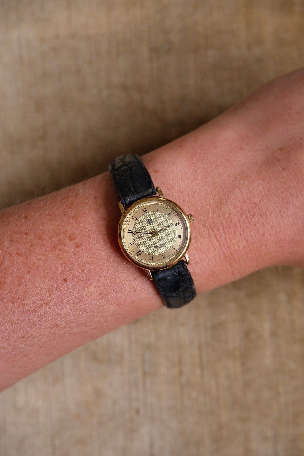Vintage Ladies Givenchy Paris Gold Dress Watch, Black Crocodile Leather Strap, Roman Numeral Dial, Classic Luxury Wristwatch