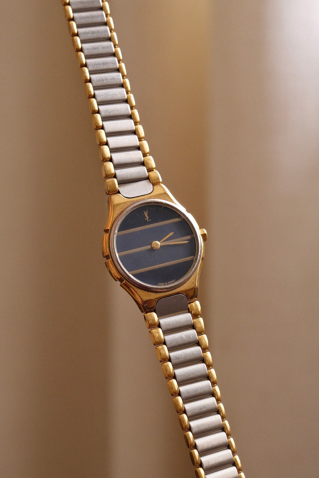Vintage Ladies 1990s YSL Quartz Two Tone Watch - Blue Striped Dial