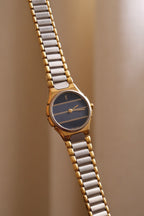 Vintage Ladies 1990s YSL Quartz Two Tone Watch - Blue Striped Dial