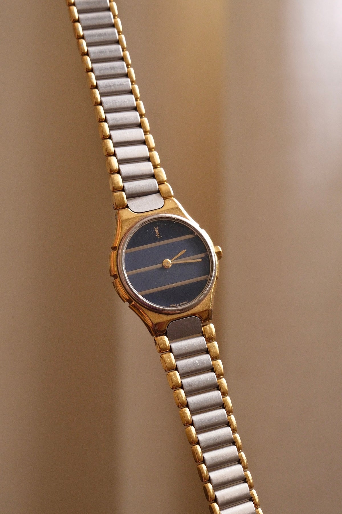 Vintage Ladies 1990s YSL Quartz Two Tone Watch - Blue Striped Dial