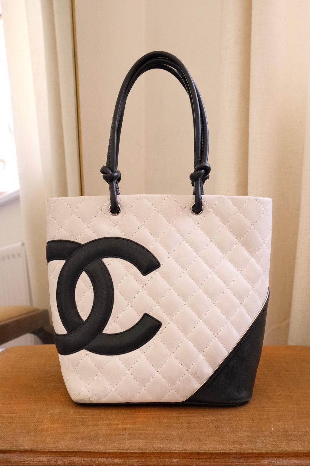 Authentic 2004 Chanel Cambon Tote Bag White Black Quilted Leather Shoulder Bag