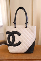 Authentic 2004 Chanel Cambon Tote Bag White Black Quilted Leather Shoulder Bag