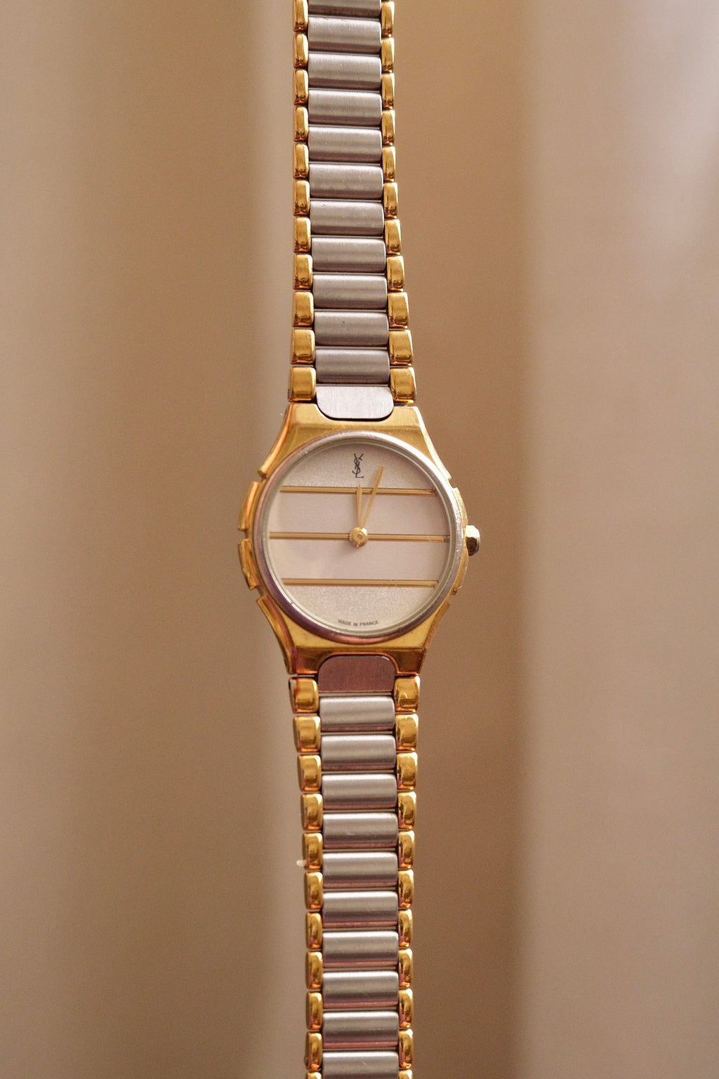 Vintage Ladies 1990s YSL Quartz Two Tone Watch - White & Silver Striped Dial