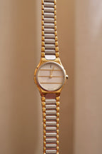 Vintage Ladies 1990s YSL Quartz Two Tone Watch - White & Silver Striped Dial