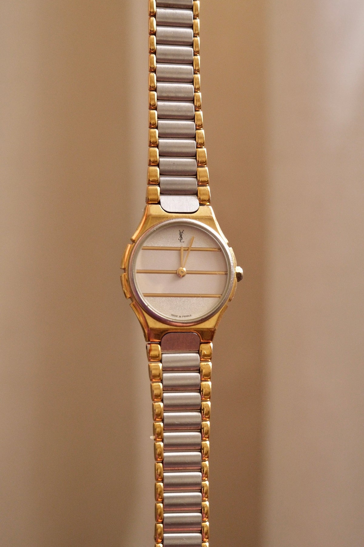 Vintage Ladies 1990s YSL Quartz Two Tone Watch - White & Silver Striped Dial