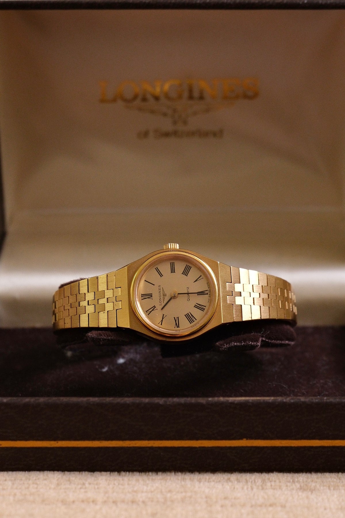 Vintage Ladies Gold Plated Longines Watch, Roman Numeral Champange Dial Box & Papers