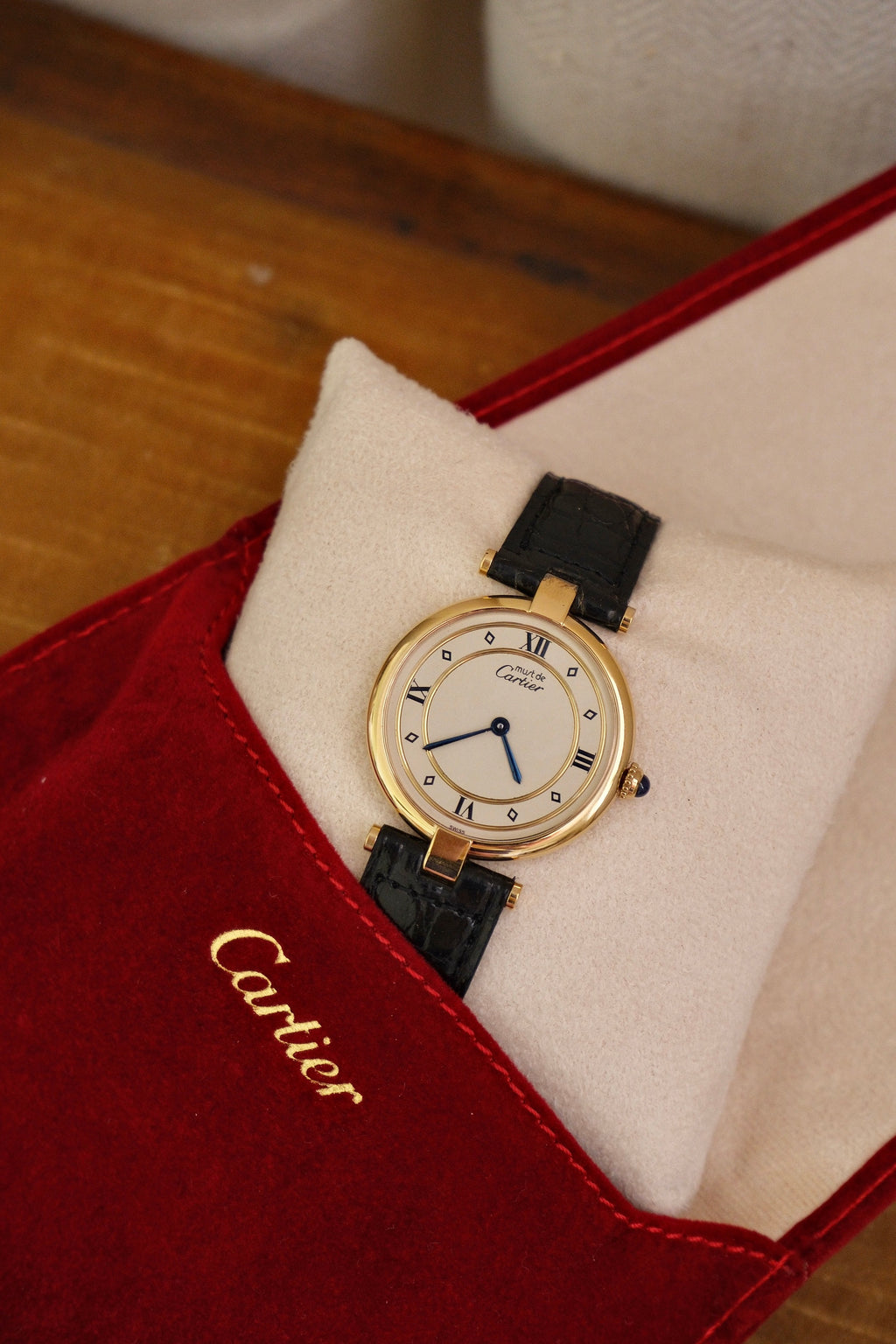 Vintage 1980s Cartier Must de Cartier Vendôme Vermeil Quartz Watch | 18K Gold-Plated 925 Sterling Silver | Red Cartier Pouch Included