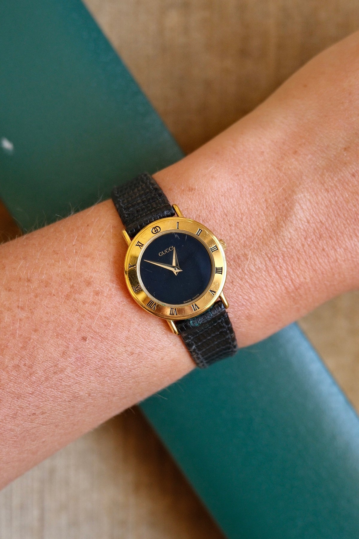 90s Ladies Gold-Plated Gucci 3000L Quartz Watch with Black Leather Strap in Box