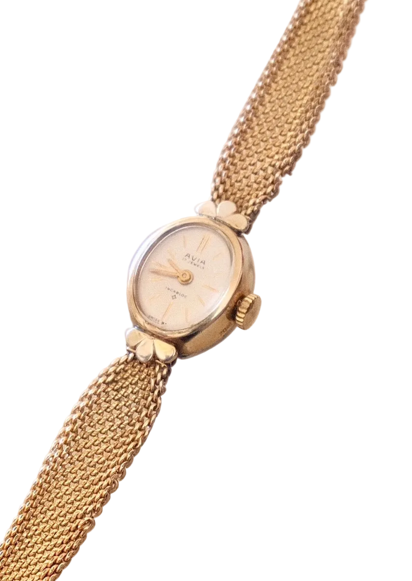 1950s AVIA Swiss Gold Mesh Mechanical Watch Petite Oval Vintage Watch Minimal Elegant Timepiece Collectible