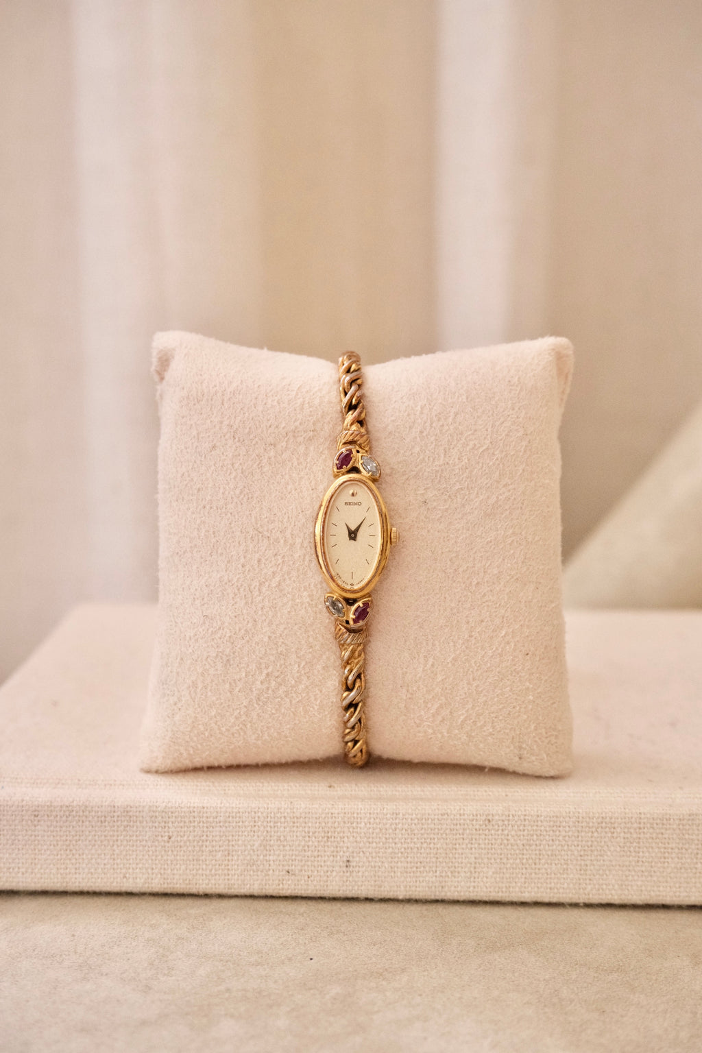 Rare Petite Oval Gold Ruby Seiko Watch with Safety Chain Collectors Watch