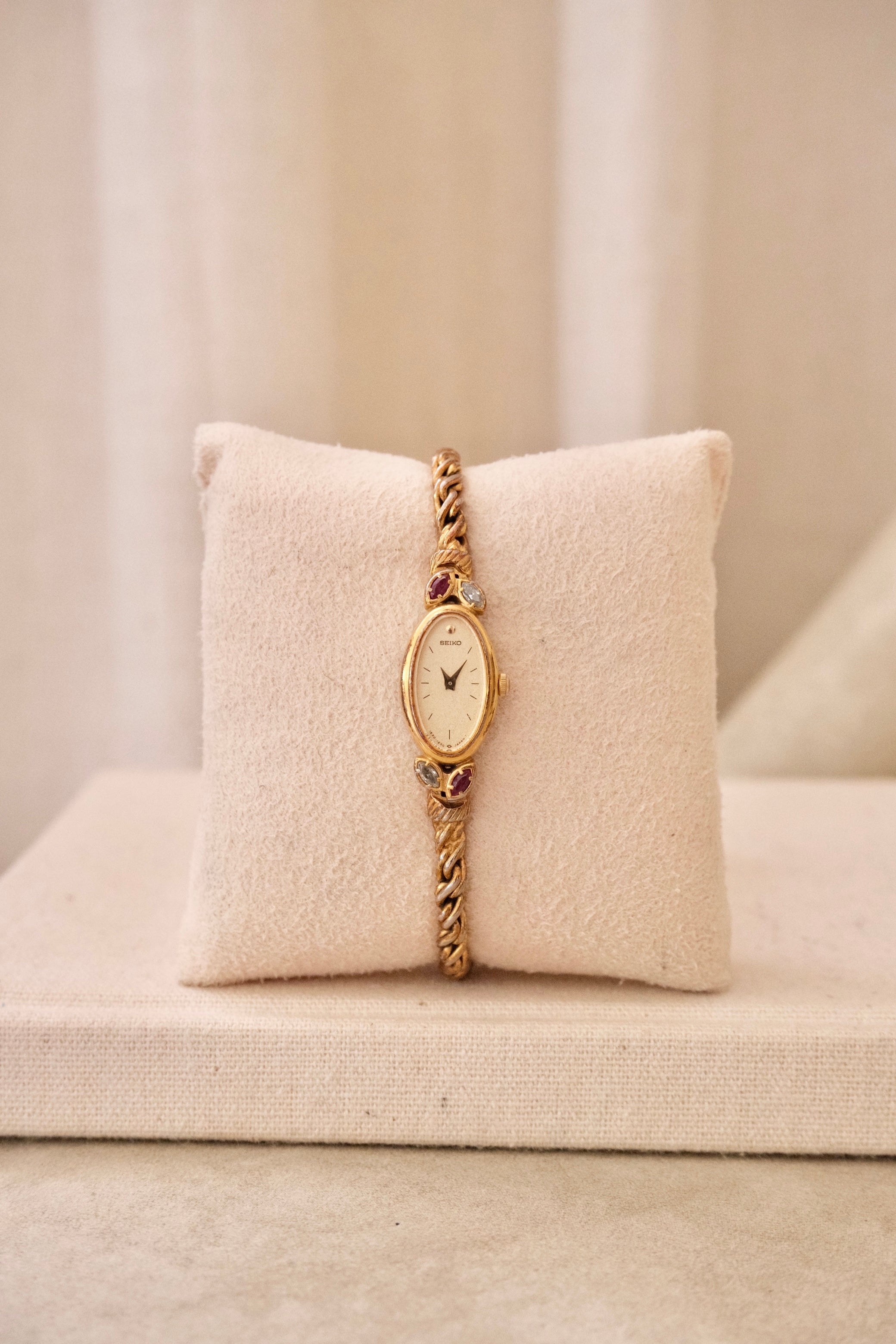 Rare Petite Oval Gold Ruby Seiko Watch with Safety Chain
