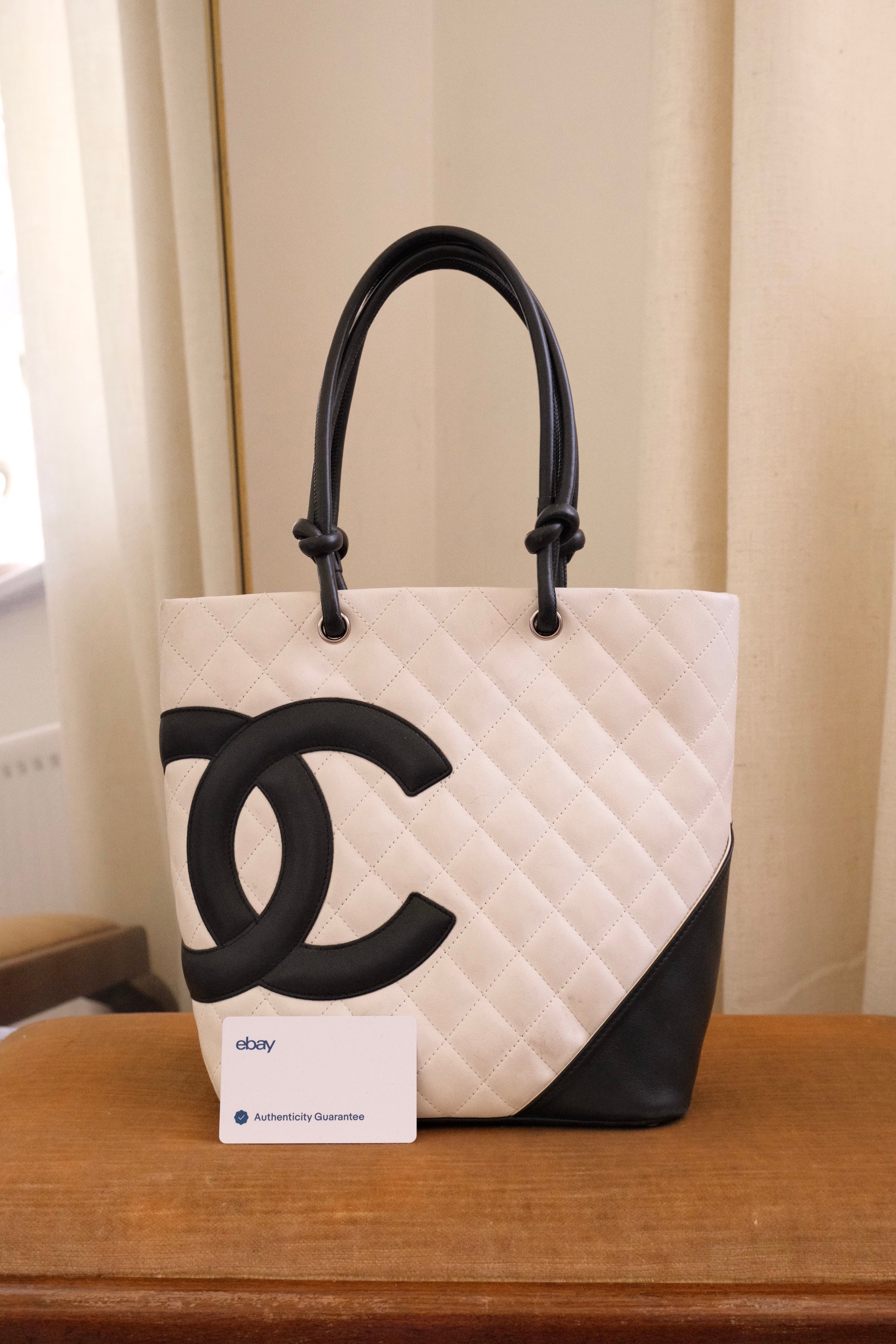 Authentic 2004 Chanel Cambon Tote Bag White Black Quilted Leather Shoulder Bag
