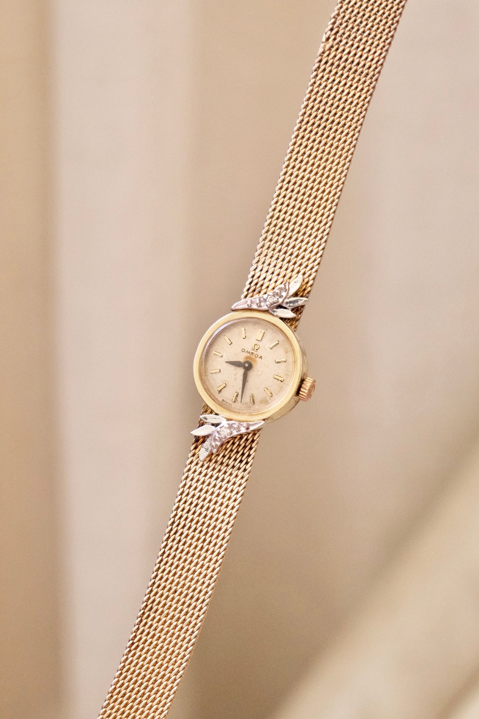 1950s Vintage Omega Ladies Cocktail Watch 10K Gold Filled Mesh Bracelet Diamond Leaf Lugs Champagne Dial Manual Wind Watch