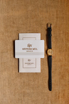 Rare Petite Vintage Ladies Raymond Weil Genève Tri Gold Watch 1987 Swiss Quartz Ladies Black Leather Strap with Papers