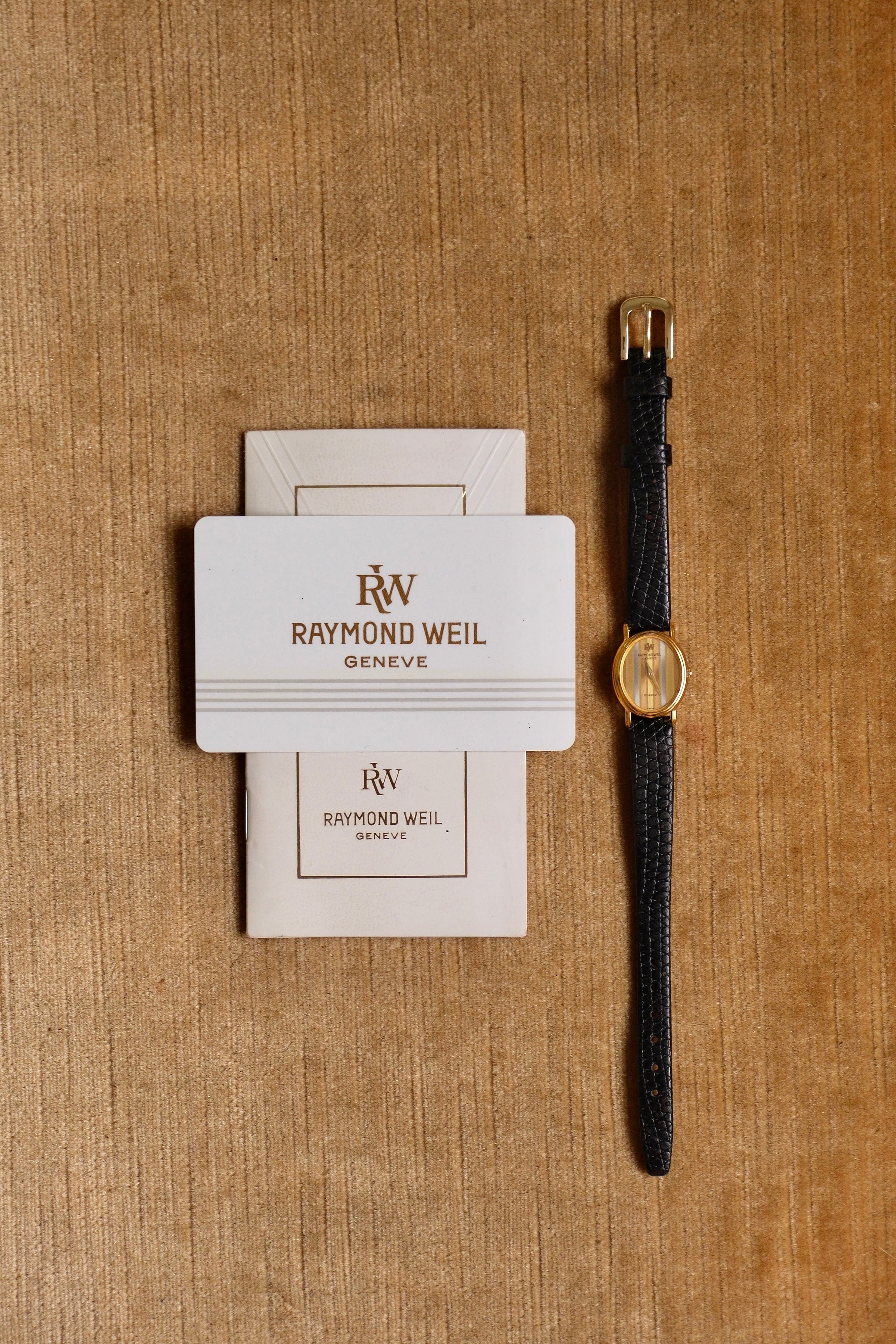 Rare Petite Vintage Ladies Raymond Weil Genève Tri Gold Watch 1987 Swiss Quartz Ladies Black Leather Strap with Papers