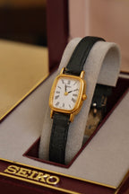Vintage Ladies Gold Tank Seiko Watch with Leather Strap in Box