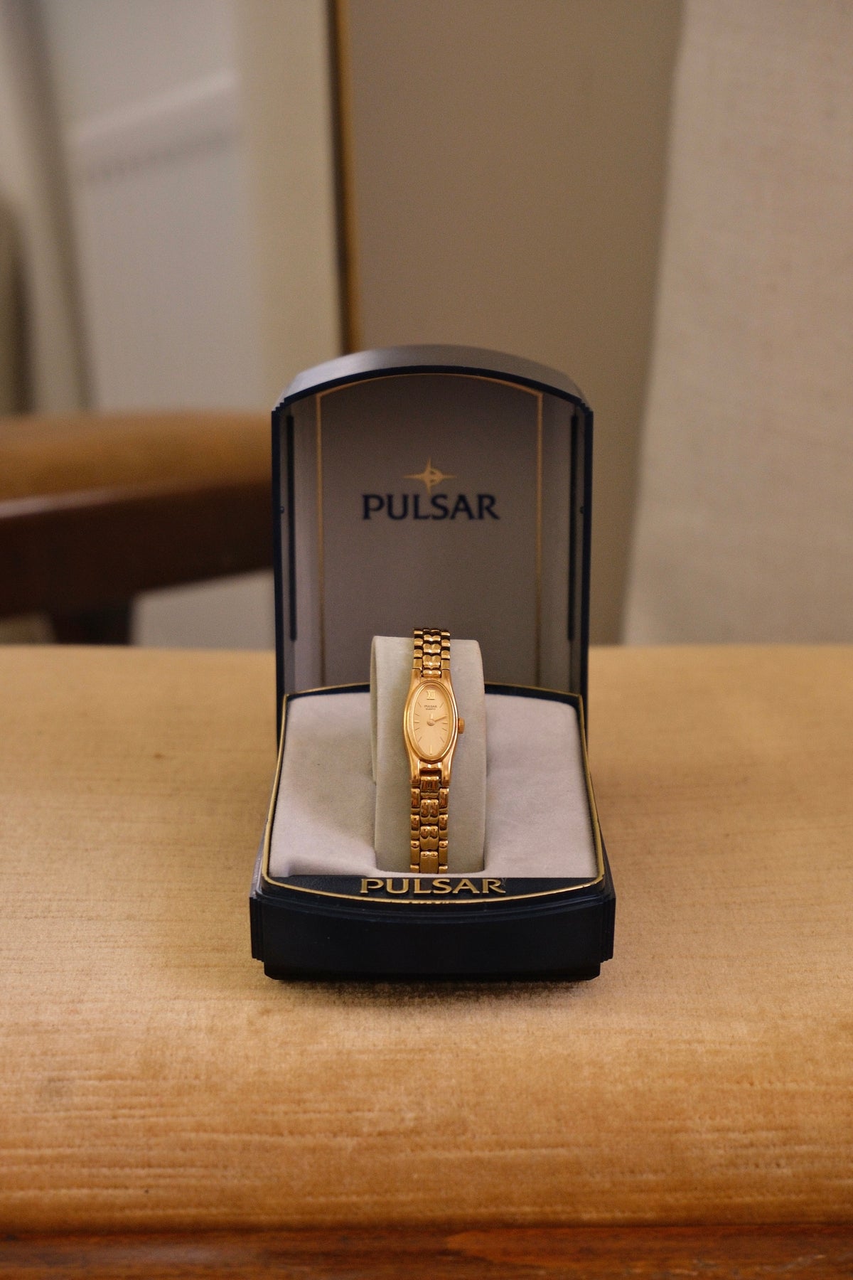 Rare 90s Ladies Gold Pulsar Slim and Petite Watch in Box