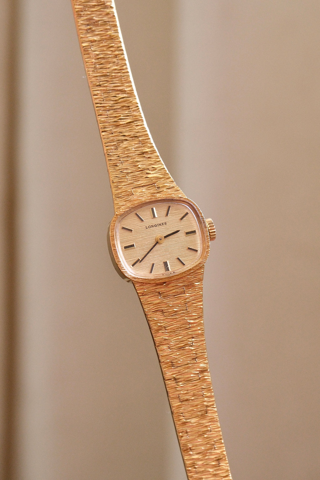 1970s Vintage Ladies Longines Gold Cocktail Watch, Textured Bark Bracelet Swiss Mechanical