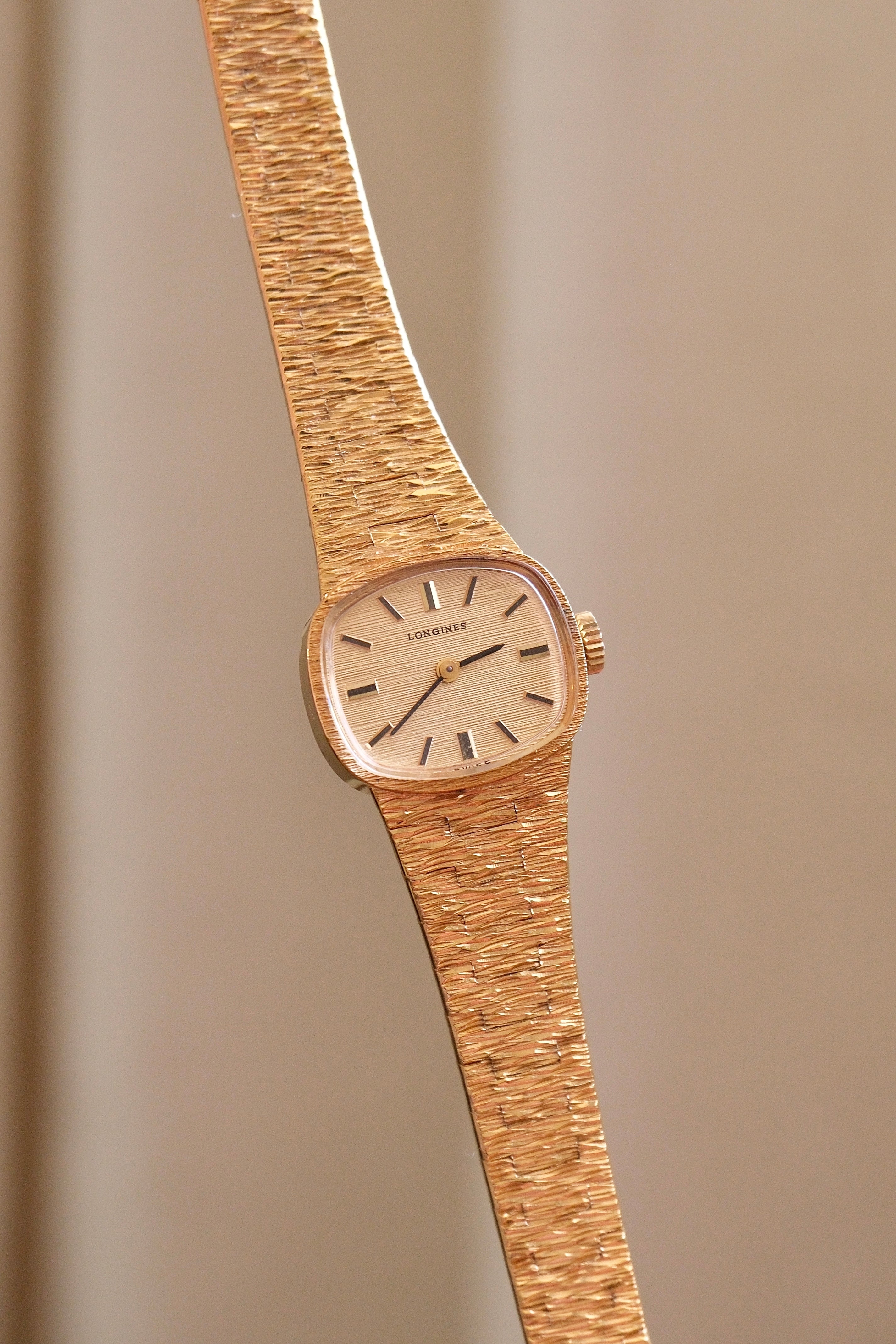 1970s Vintage Ladies Longines Gold Cocktail Watch, Textured Bark Bracelet Swiss Mechanical
