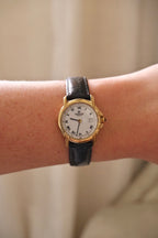 Ladies Raymond Weil Vintage Genève 9955 18k Gold Plated Quartz Watch With Authentic  Blue Cabochon Sapphire Crown with Box and Papers
