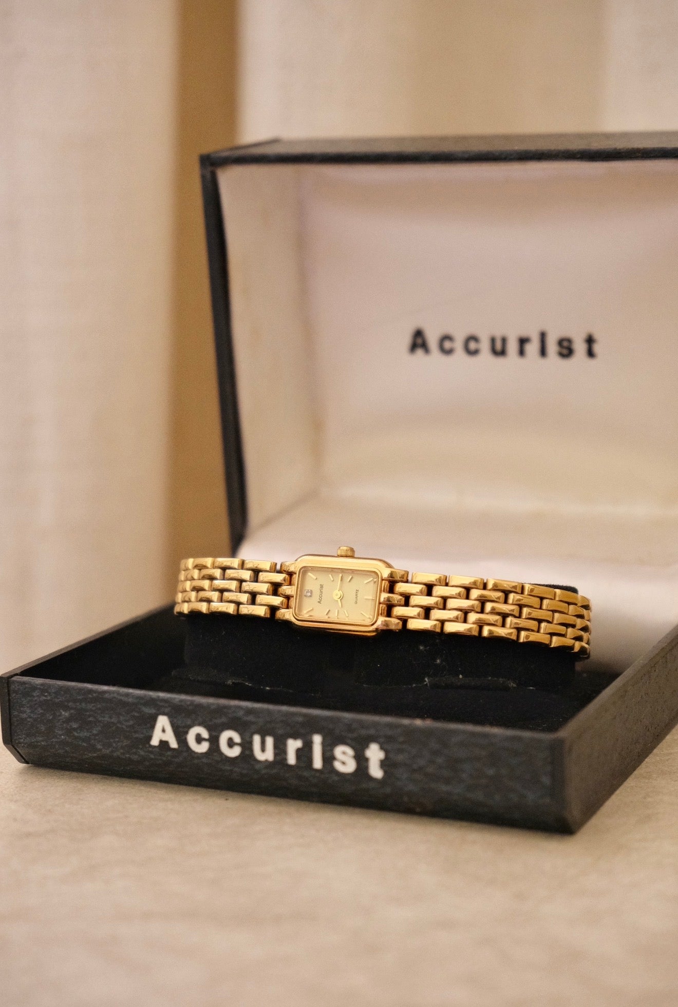 Vintage 1980s Gold  Accurist Ladies Tank Watch  Japanese Movement Diamond Accent Housed in Original Box