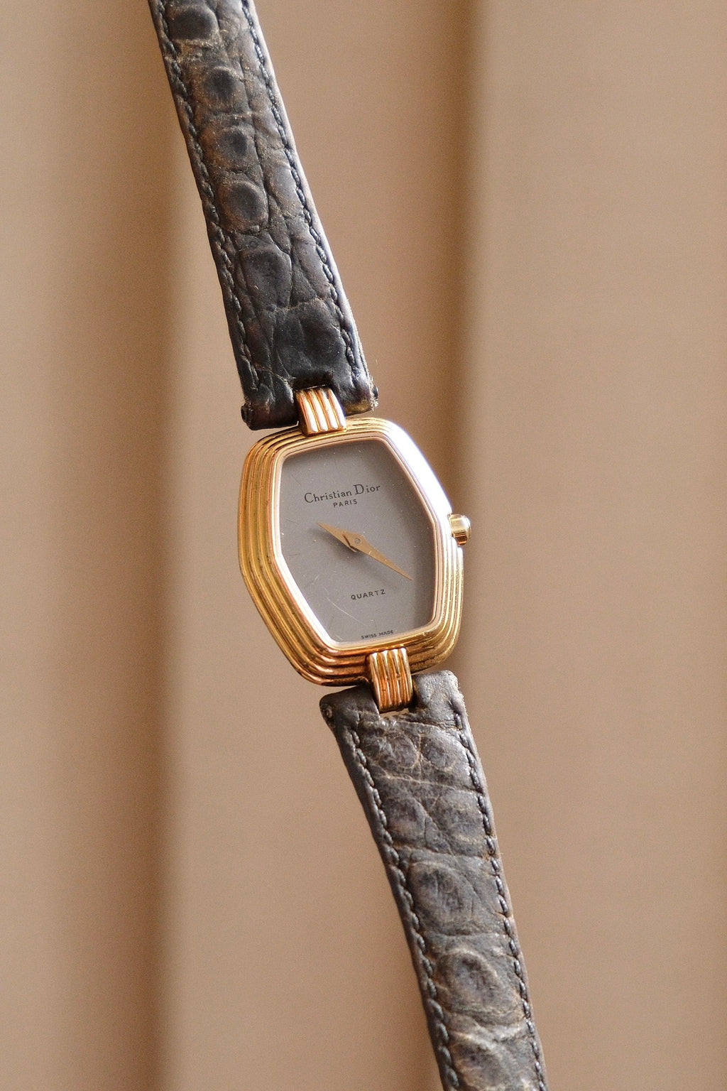 90s Christian Dior Paris Vintage Watch Hexagon Gold Plated Case Grey Dial Swiss Luxury Quartz Wristwatch with Black Leather Strap