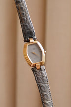 90s Christian Dior Paris Vintage Watch Hexagon Gold Plated Case Grey Dial Swiss Luxury Quartz Wristwatch with Black Leather Strap