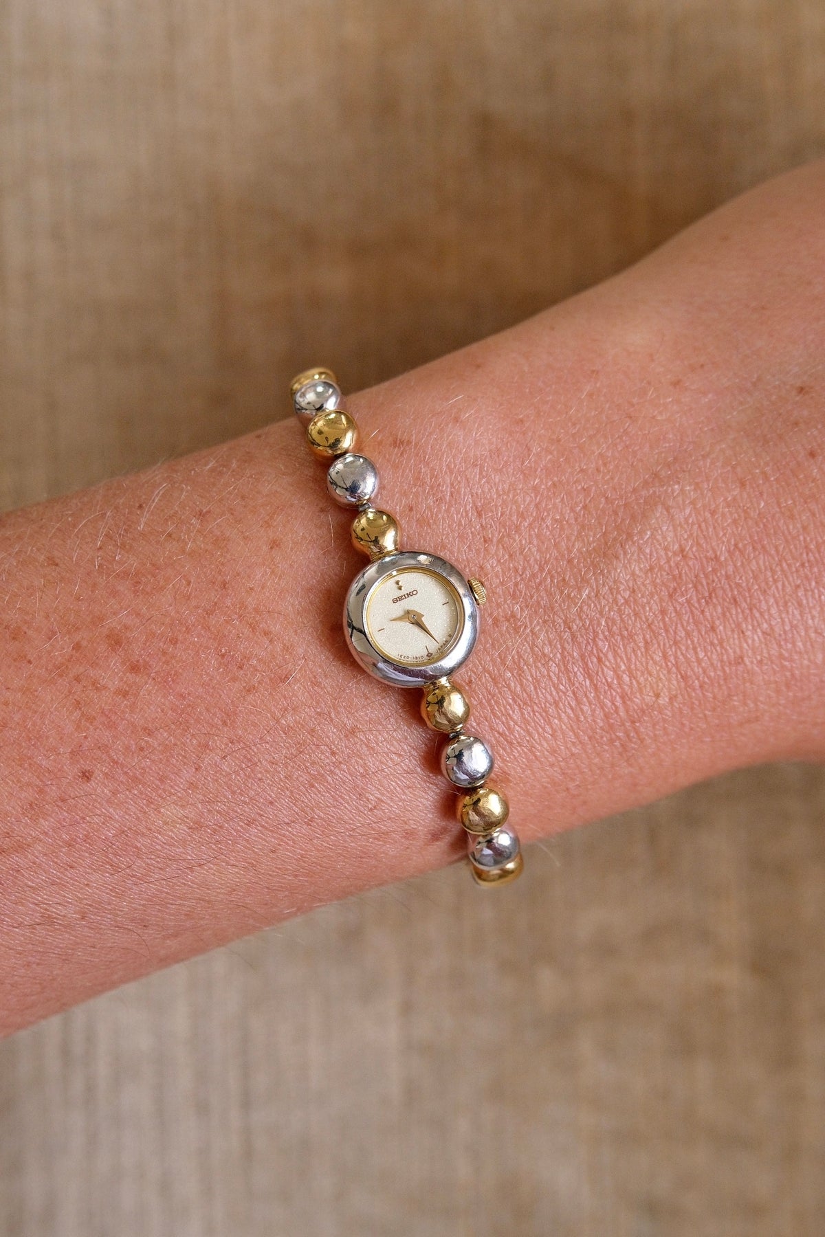 Rare Dainty Petite 90s Seiko Vintage Two Tone Watch Working with Safety Chain