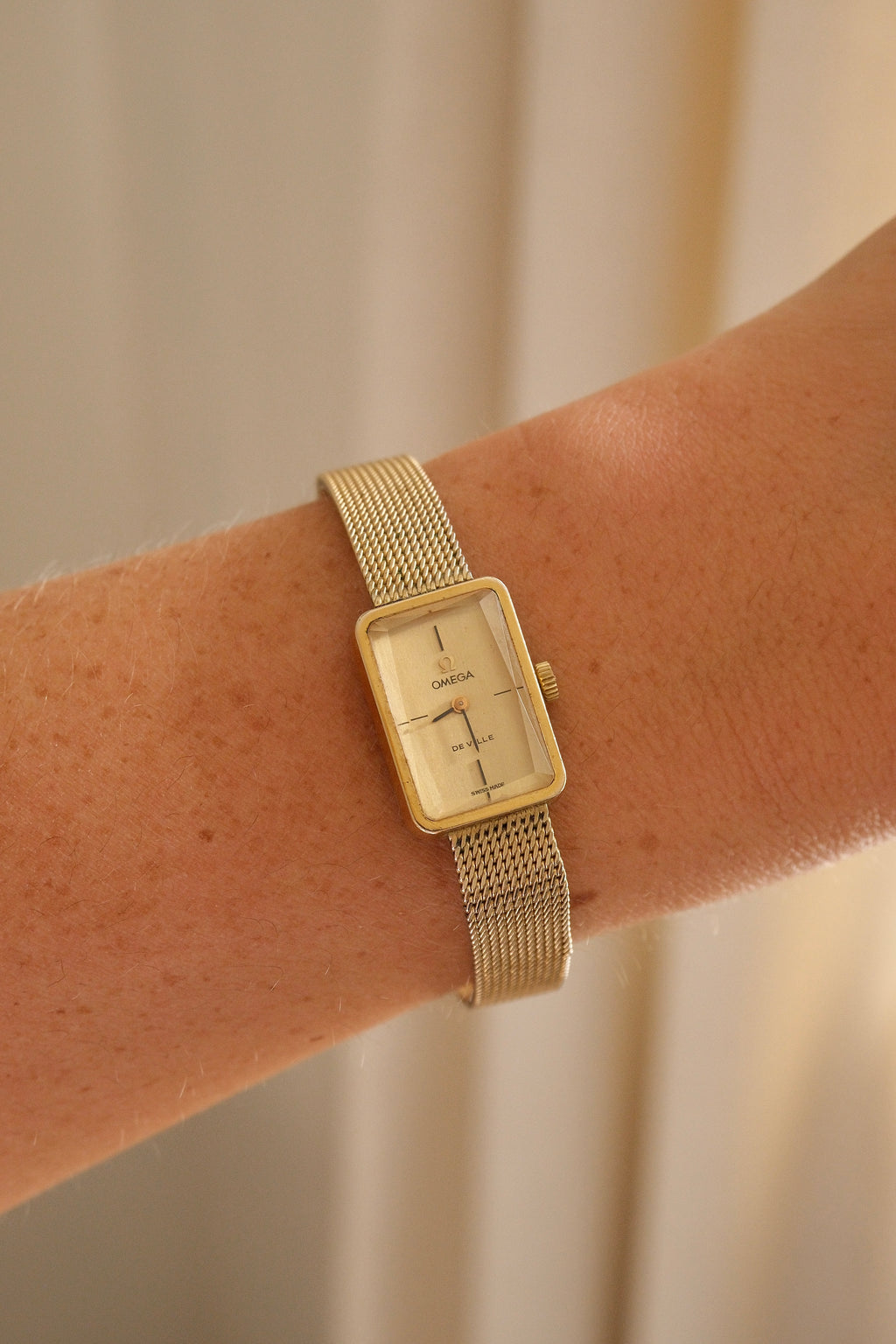 1970s Omega De Ville Manual Wind Gold Plated Tank Style Watch Mesh Strap, in Omega Box Working