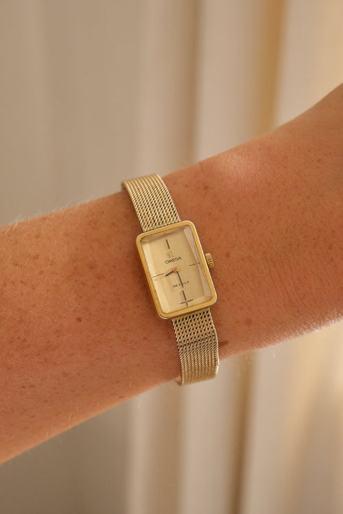 1970s Omega De Ville Manual Wind Gold Plated Tank Style Watch Mesh Strap, in Omega Box Working