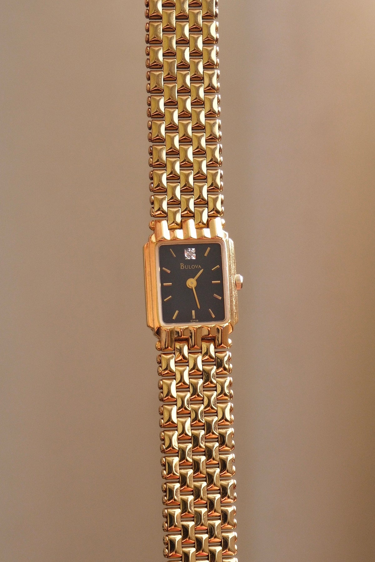 Vintage Ladies Gold Bulova Quartz Black Dial Tank Watch in Box Working