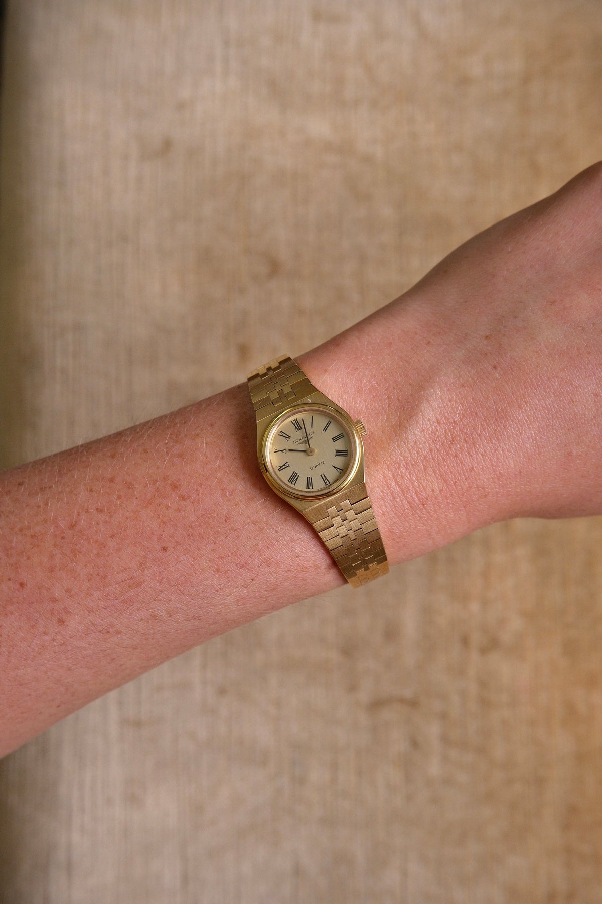Vintage Ladies Gold Plated Longines Watch, Roman Numeral Champange Dial Box & Papers