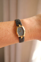 90s Christian Dior Paris Vintage Watch Hexagon Gold Plated Case Grey Dial Swiss Luxury Quartz Wristwatch with Black Leather Strap