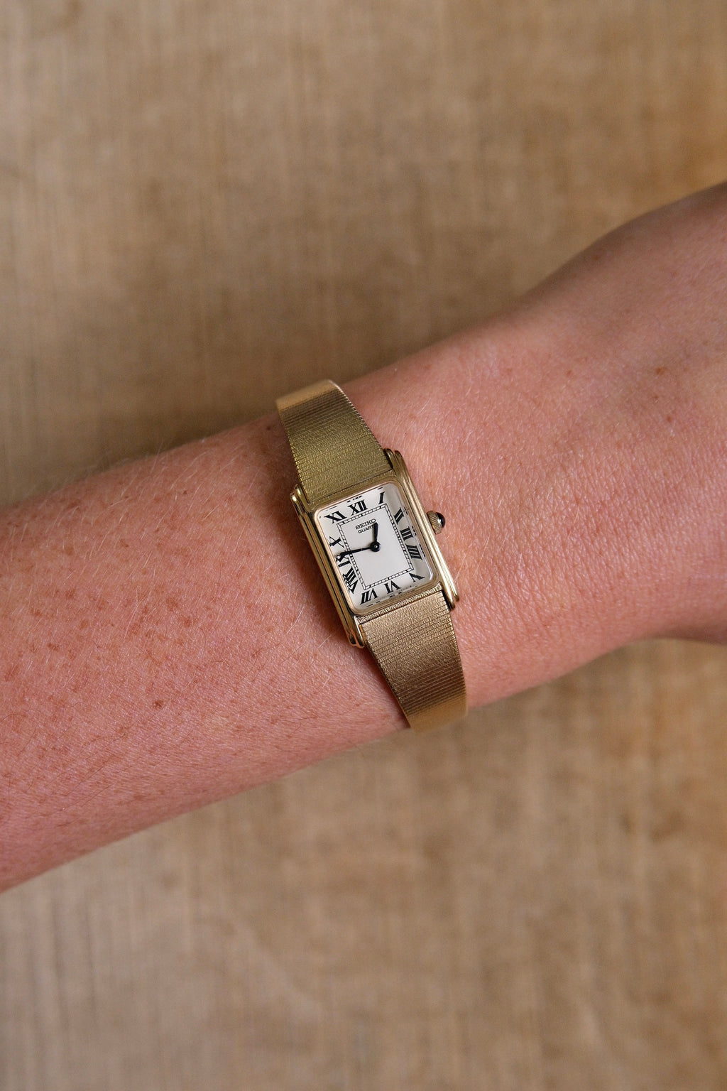 Rare 1980s Ladies Gold Plater Seiko Tank Watch with Roman Numeral Dial