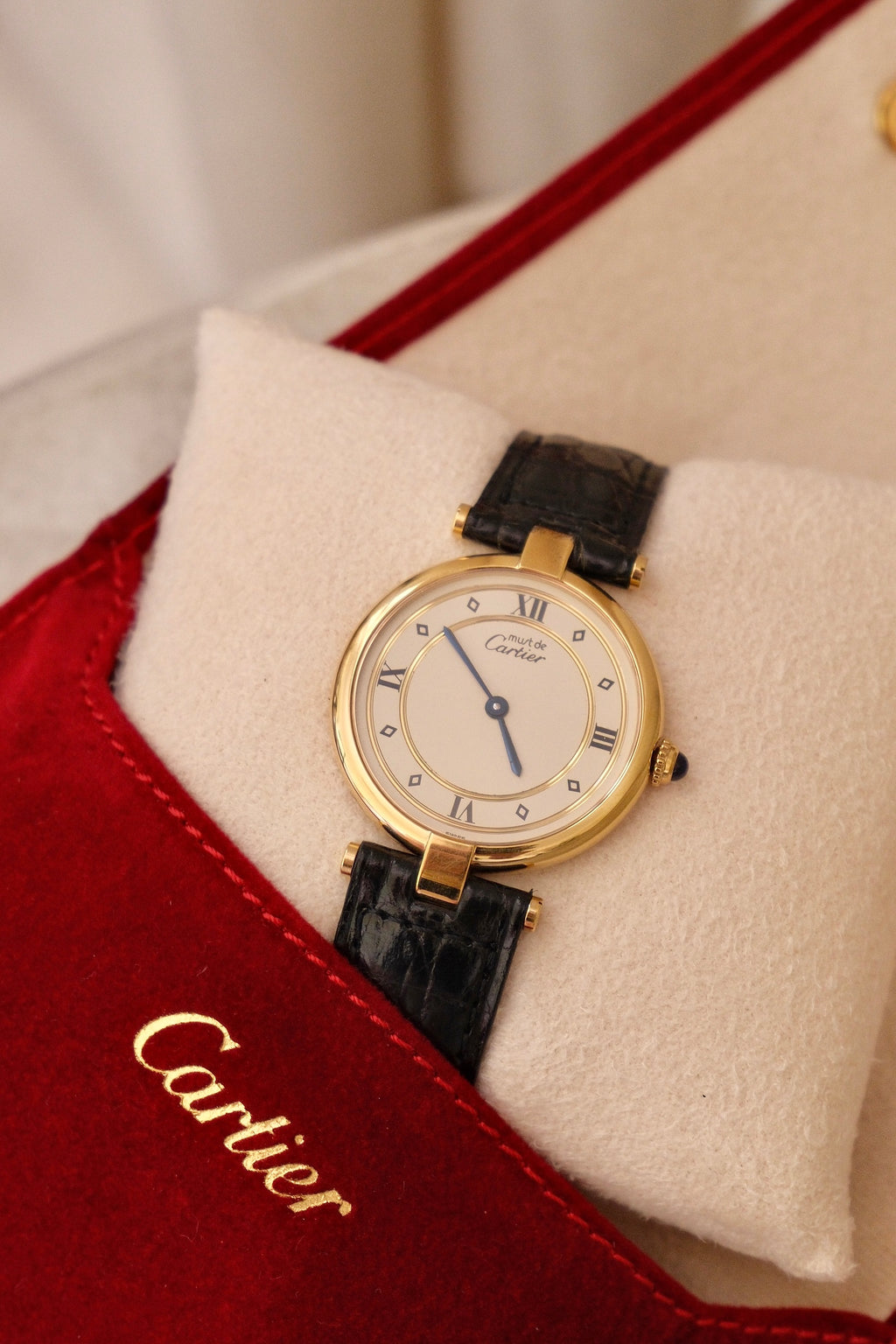 Vintage 1980s Cartier Must de Cartier Vendôme Vermeil Quartz Watch | 18K Gold-Plated 925 Sterling Silver | Red Cartier Pouch Included