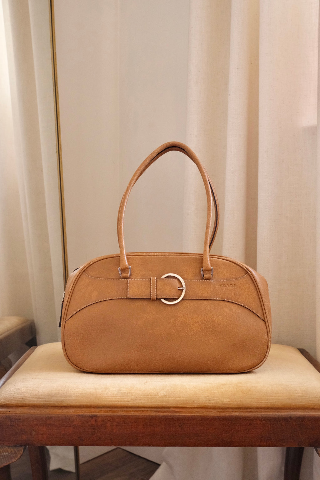 2000s Vintage Prada Camel Leather Bowling Shoulder Bag