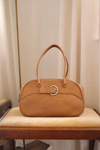 2000s Vintage Prada Camel Leather Bowling Shoulder Bag