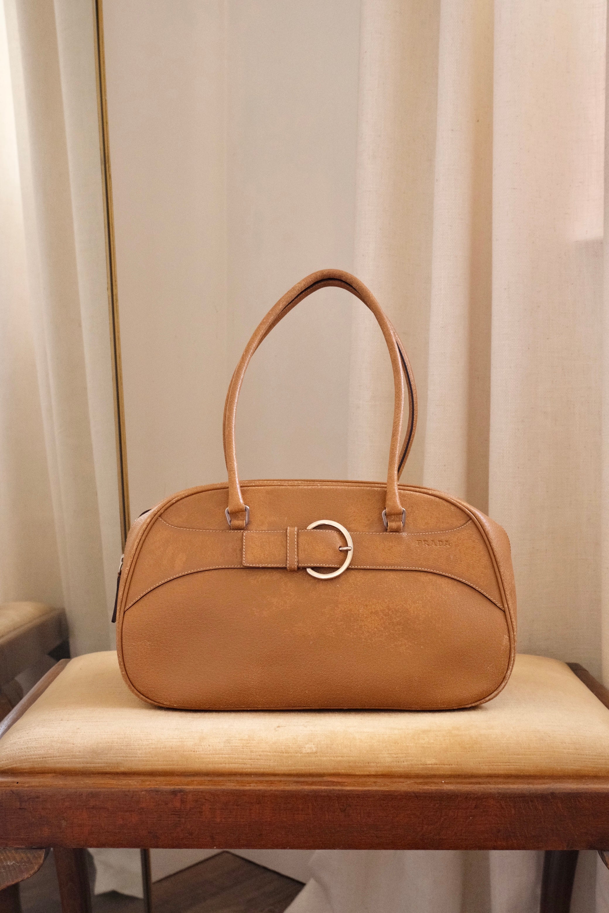 2000s Vintage Prada Camel Leather Bowling Shoulder Bag